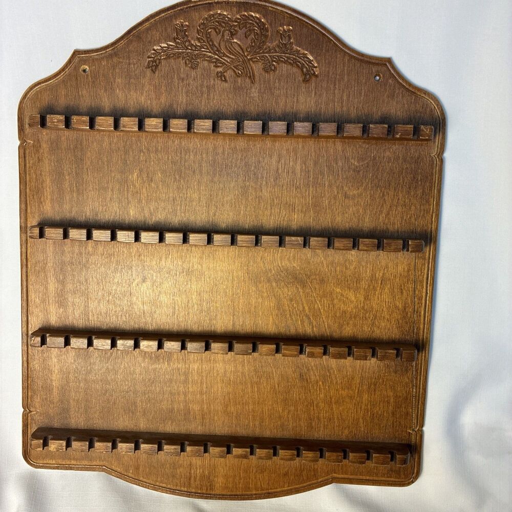 Wood Souvenir Spoon Rack Wall Display 64 Slots Carved Bird Heart Design Vintage